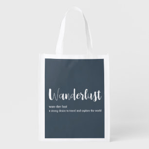 Wanderlust definition white grey blue colour grocery bag