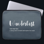 Wanderlust definition white grey blue colour laptop sleeve<br><div class="desc">Wanderlust definition white grey blue colour. Definition of word wanderlust a strong desire to travel and explore the world on a dark blue grey background with white font.</div>