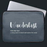 Wanderlust definition white grey blue colour laptop sleeve<br><div class="desc">Wanderlust definition white grey blue colour. Definition of word wanderlust a strong desire to travel and explore the world on a dark blue grey background with white font.</div>