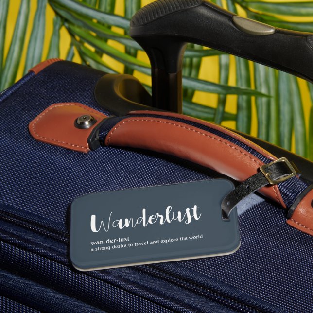 Wanderlust definition white grey blue colour luggage tag (Front Insitu 3)