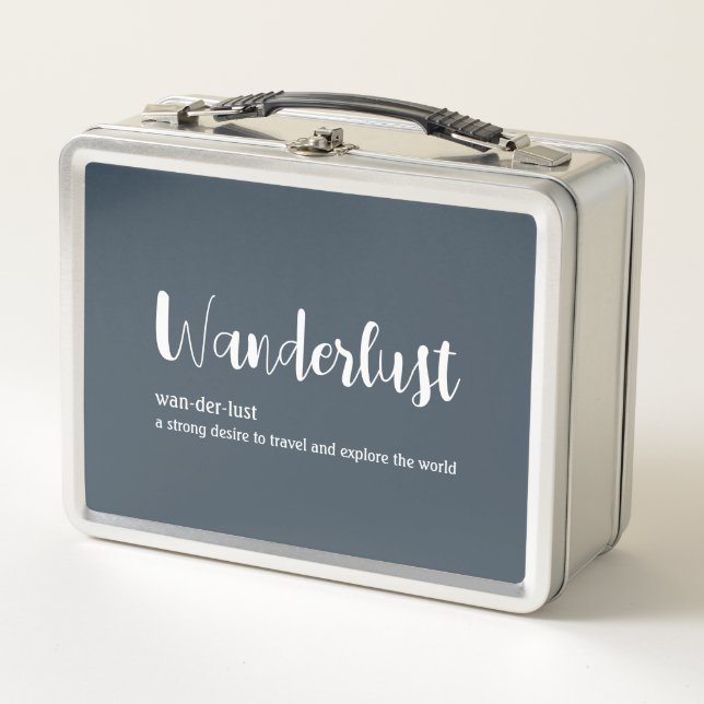 Wanderlust definition white grey blue colour metal lunch box (Front)
