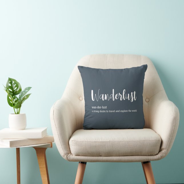 Wanderlust definition white grey blue colour throw pillow (Chair)