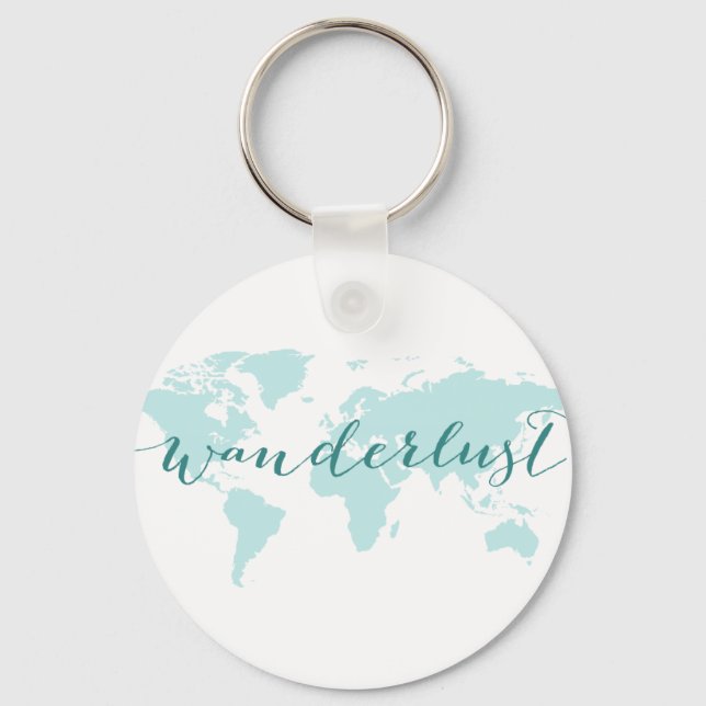 Wanderlust, desire to travel, teal world map keychain (Front)