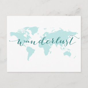 Wanderlust, desire to travel, teal world map postcard