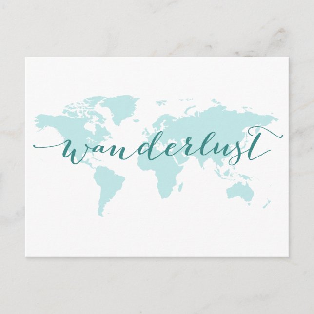 Wanderlust, desire to travel, teal world map postcard (Front)