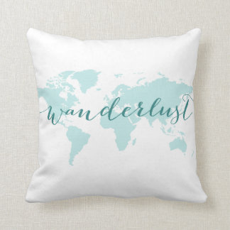 Wanderlust, desire to travel, teal world map throw pillow