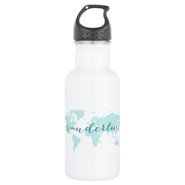 Wanderlust, desire to travel, teal world map water bottle (Front)