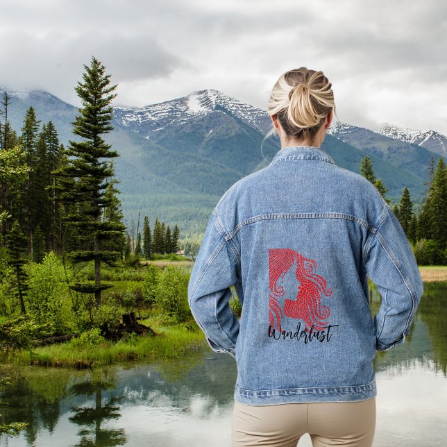 Wanderlust Female Silhouette in Red Hearts Denim Jacket (Creator Uploaded)
