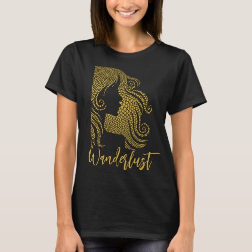 Wanderlust Girls Face Hair Silhouette Gold Hearts T_Shirt