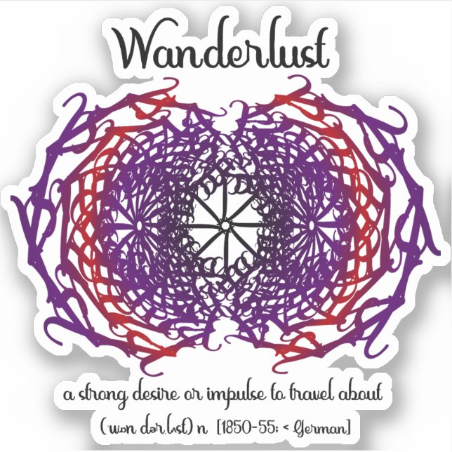 Wanderlust Graphic Text Art Mandala + Word Meaning Sticker (Front)