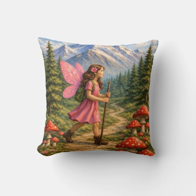 Wanderlust Mountain Fairy Hiker Fairycore Mushroom Throw Pillow (Front)