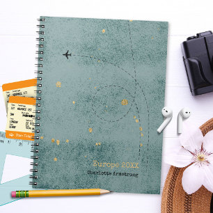 Wanderlust Name Airplane Dark Blue Gold Travel Notebook