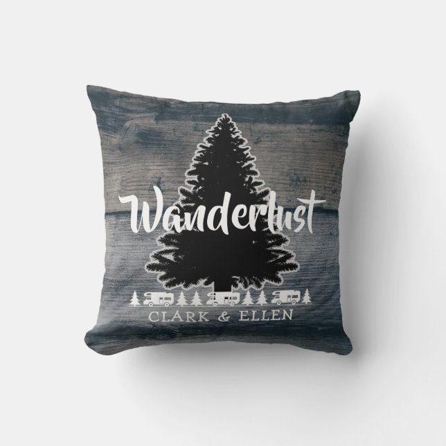 Wanderlust Pine Tree Rustic Grey Wood RV Camper Throw Pillow (Front)