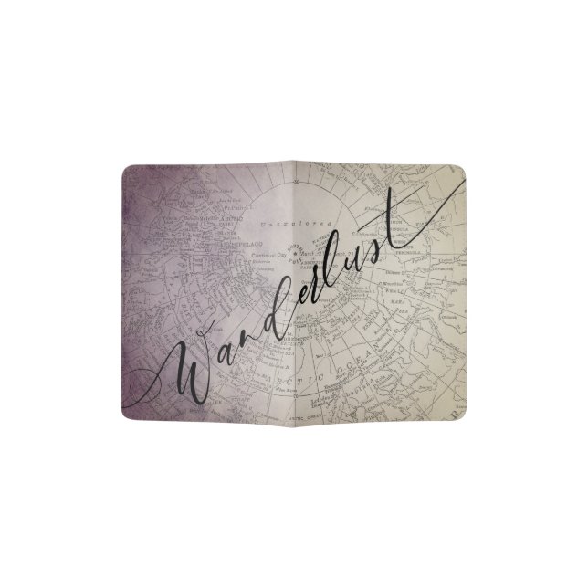 Wanderlust Purple Ombre Watercolor Adventure Map Passport Holder (Opened)