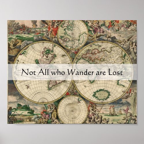 Wanderlust Quote Not All Who Wander Antique Map Poster