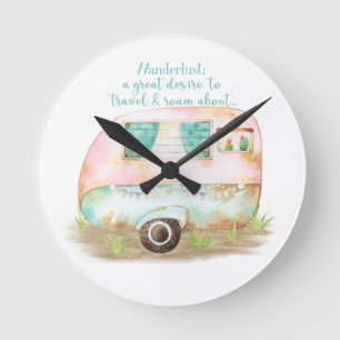 Wanderlust Quote Retro Camper Caravan Round Clock