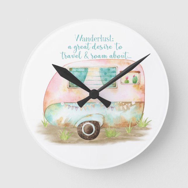 Wanderlust Quote Retro Camper Caravan Round Clock (Front)