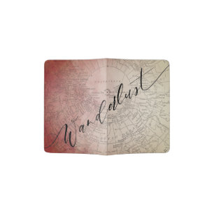 Wanderlust Red Ombre Watercolor Vintage Travel Map Passport Holder