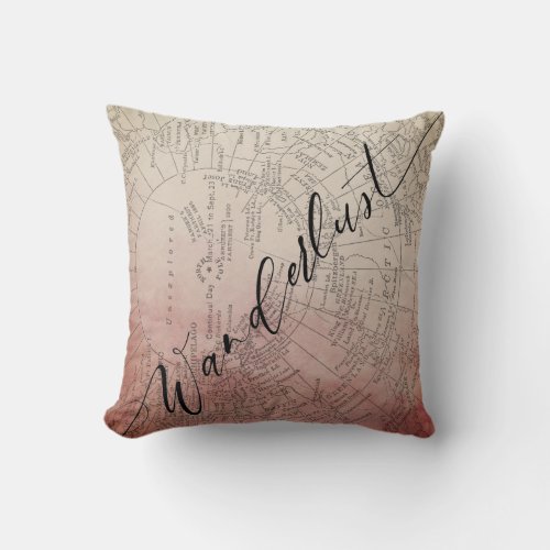 Wanderlust Red Ombre Watercolor Vintage Travel Map Throw Pillow