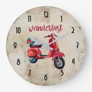 Wanderlust - Red Watercolor Moped Large Clock