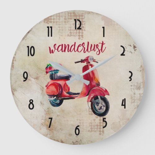 Wanderlust _ Red Watercolor Moped Large Clock