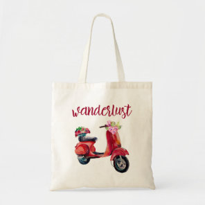 Wanderlust - Red Watercolor Moped With Flowers Tote Bag