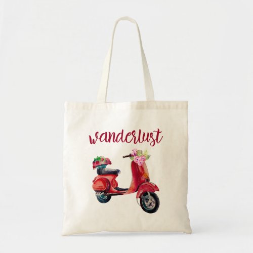 Wanderlust _ Red Watercolor Moped With Flowers Tote Bag
