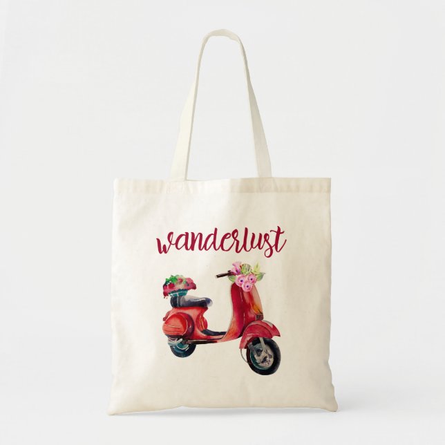 Wanderlust - Red Watercolor Moped With Flowers Tote Bag (Front)