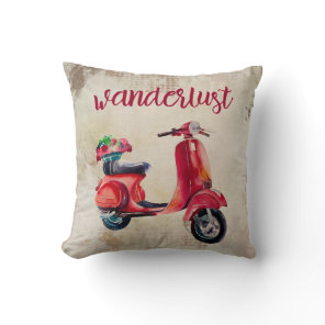 Wanderlust - Red Watercolor Scooter | Vintage Chic Throw Pillow