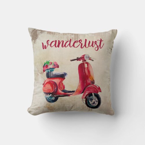 Wanderlust _ Red Watercolor Scooter  Vintage Chic Throw Pillow