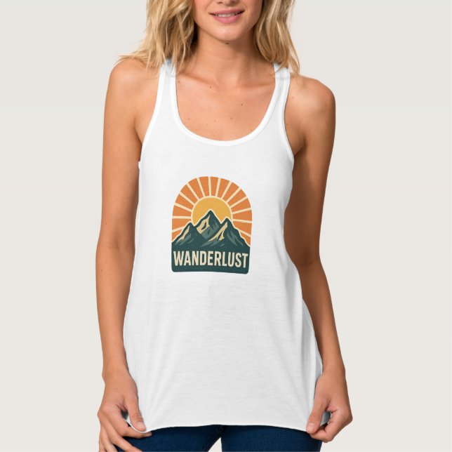 Wanderlust Retro Blue Mountain Sunrise Outdoor Sun Tank Top (Front)