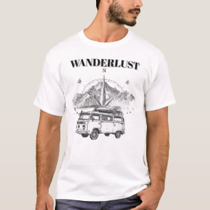 Wanderlust Retro Camper Van & Mountain Compass Ske T-Shirt