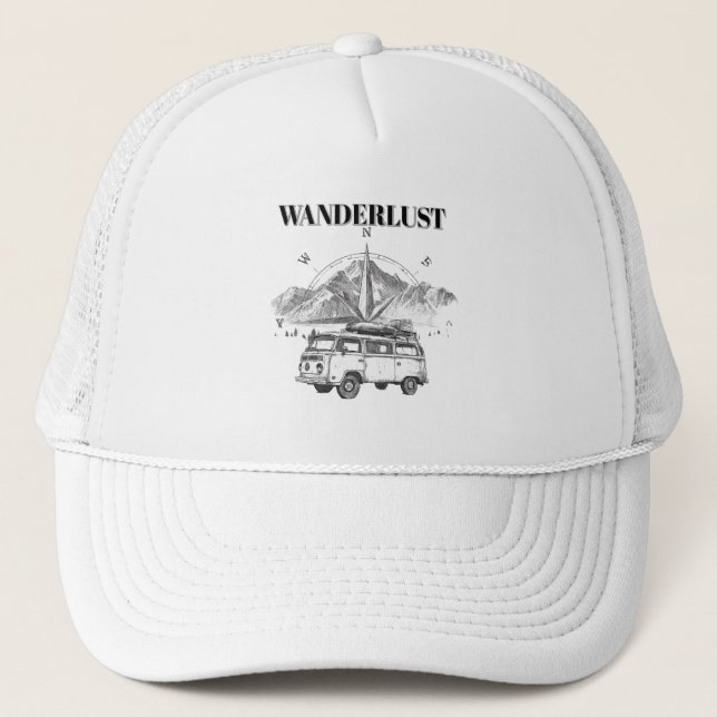 Wanderlust Retro Camper Van & Mountain Compass Ske Trucker Hat (Front)
