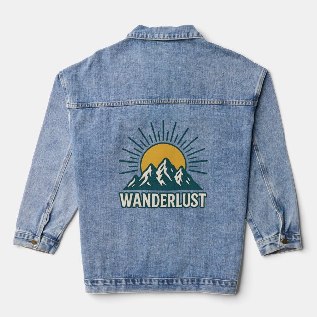 Wanderlust Retro Teal Mountain Sunrise | Hiking Denim Jacket (Back)