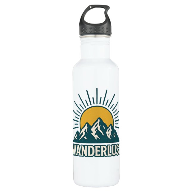 Wanderlust Retro Teal Mountain Sunrise | Hiking Stainless Steel Water Bottle (Front)