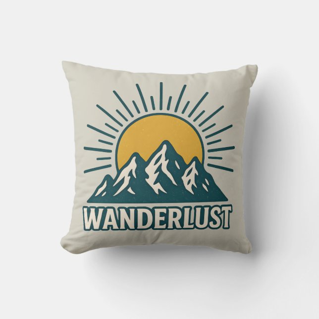 Wanderlust Retro Teal Mountain Sunrise | Hiking Throw Pillow (Front)
