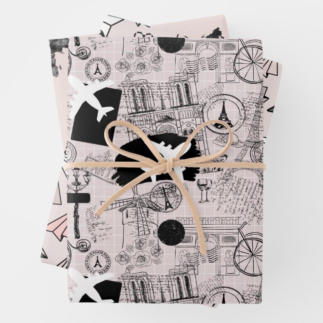 Wanderlust Travel Pattern Wrapping Paper Sheets (In situ)