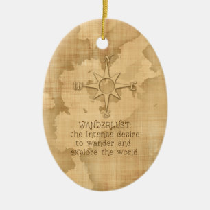 "Wanderlust..." Traveling Quote on Vintage Paper Ceramic Ornament