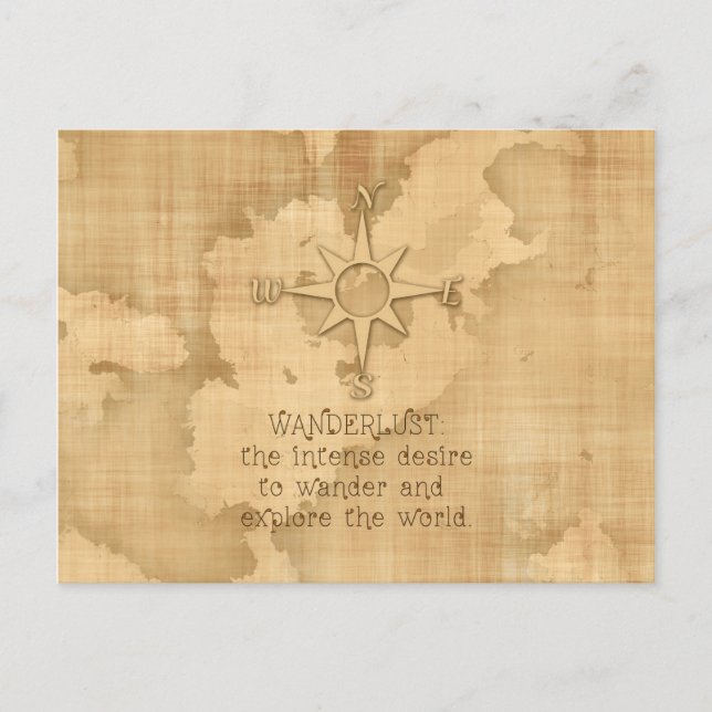 "Wanderlust..." Traveling Quote on Vintage Paper Postcard (Front)