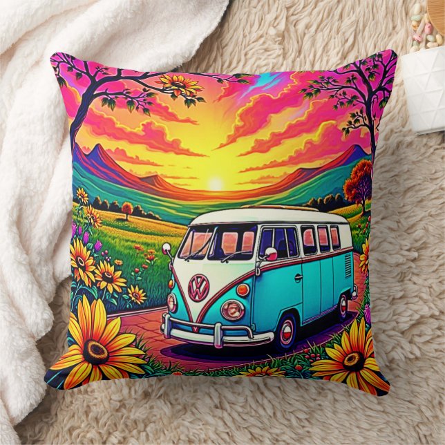 Wanderlust Van Sunset Art Throw Pillow (Blanket)
