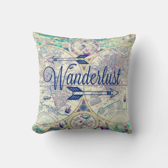 Wanderlust Vintage Map Travel Throw Pillow (Front)