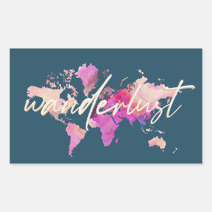 Wanderlust Watercolor World Map Travel Navy Gold   Rectangular Sticker