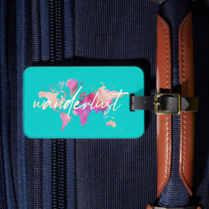 Wanderlust Watercolor World Map Travel Pink Gold Luggage Tag