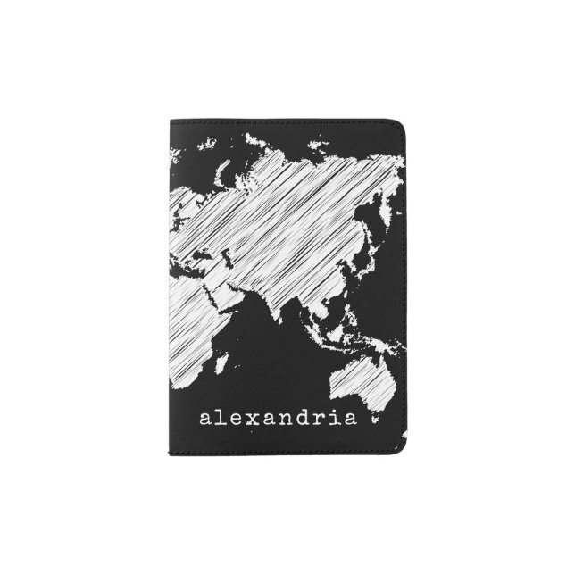 Wanderlust World Map | Black & White Passport Holder (Front)