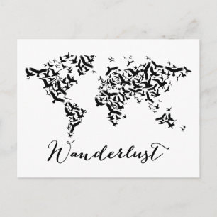 Wanderlust, world map with flying birds postcard