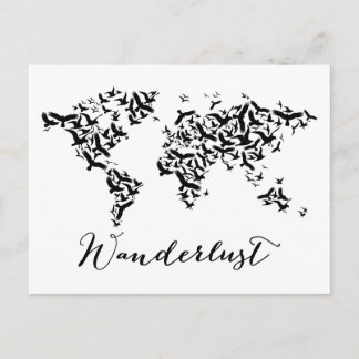 Wanderlust, world map with flying birds postcard