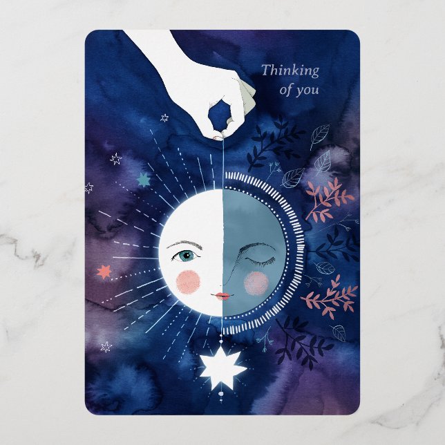 Waning Half Moon Thinking of You Silver Foil Holiday Card (Front)