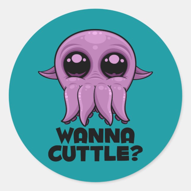 Wanna Cuttle Cute Cartoon Cuttlefish Classic Round Sticker (Front)