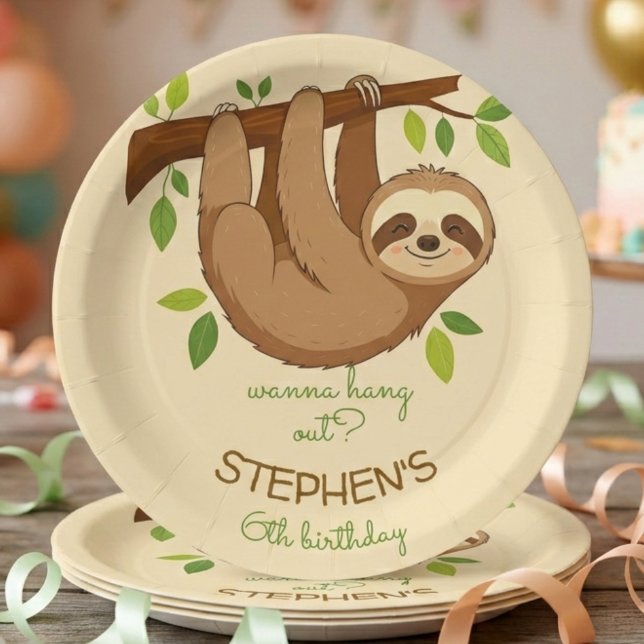 Wanna hang out? sloth kids birthday paper plates (Creator Uploaded)