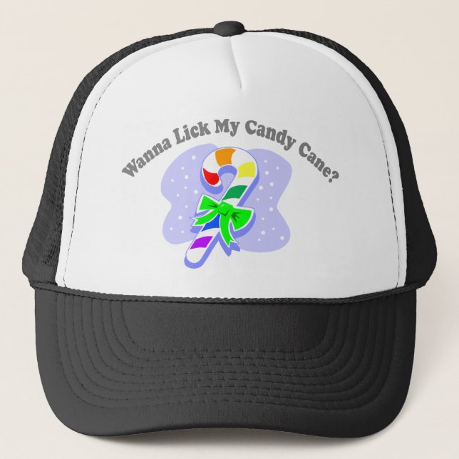Wanna Lick My Candy Cane? (Rainbow Candy Cane) Trucker Hat (Front)
